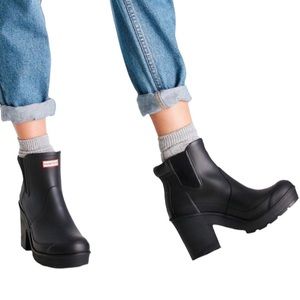 Hunter Chelsea Original Matte Black Block Heel Ankle Rain Boots (RARE)